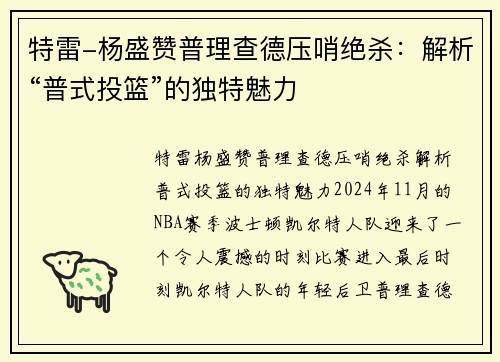 特雷-杨盛赞普理查德压哨绝杀：解析“普式投篮”的独特魅力