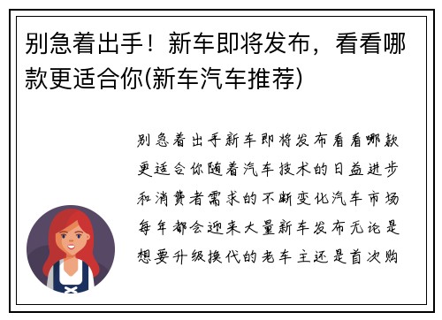 别急着出手！新车即将发布，看看哪款更适合你(新车汽车推荐)