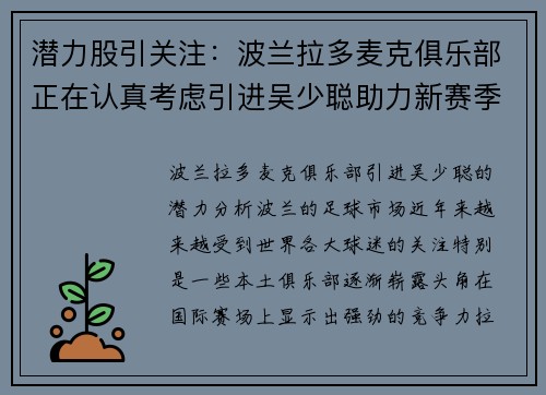 潜力股引关注：波兰拉多麦克俱乐部正在认真考虑引进吴少聪助力新赛季