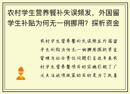 农村学生营养餐补失误频发，外国留学生补贴为何无一例挪用？探析资金管理与社会责任问题
