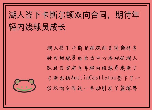 湖人签下卡斯尔顿双向合同，期待年轻内线球员成长