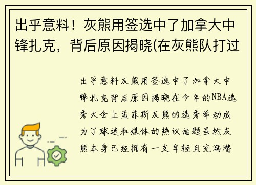 出乎意料！灰熊用签选中了加拿大中锋扎克，背后原因揭晓(在灰熊队打过球的球员)