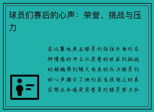 球员们赛后的心声：荣誉、挑战与压力