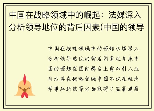 中国在战略领域中的崛起：法媒深入分析领导地位的背后因素(中国的领导者在决策时首要考虑的价值因素是)