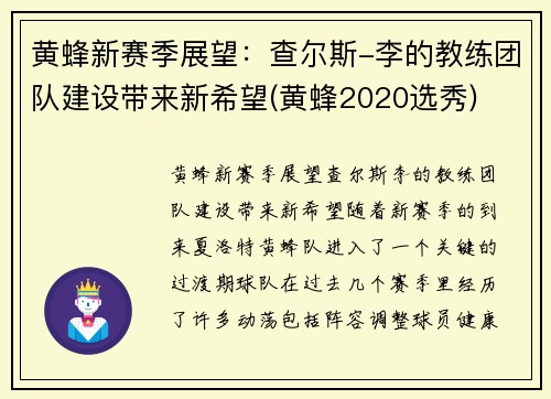 黄蜂新赛季展望：查尔斯-李的教练团队建设带来新希望(黄蜂2020选秀)