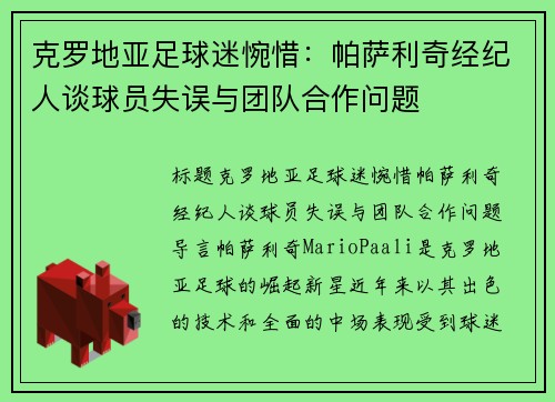 克罗地亚足球迷惋惜：帕萨利奇经纪人谈球员失误与团队合作问题