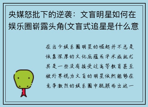 央媒怒批下的逆袭：文盲明星如何在娱乐圈崭露头角(文盲式追星是什么意思)