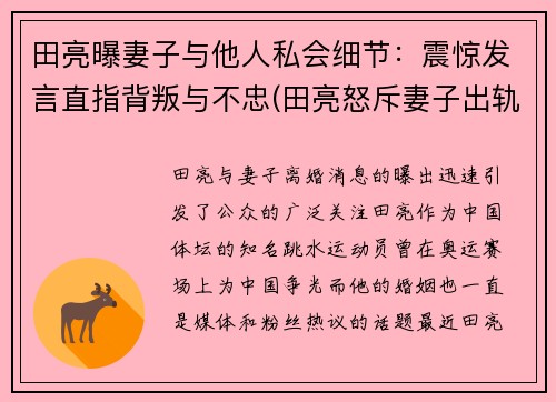 田亮曝妻子与他人私会细节：震惊发言直指背叛与不忠(田亮怒斥妻子出轨 女方回应)