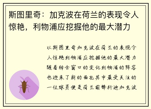 斯图里奇：加克波在荷兰的表现令人惊艳，利物浦应挖掘他的最大潜力